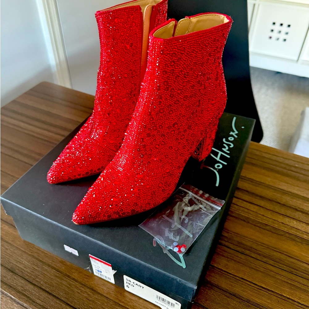 NEW BETSEY JOHNSON RED RUBY BOOTS wicked ankle rhinestones NWT NIB BOOTIES